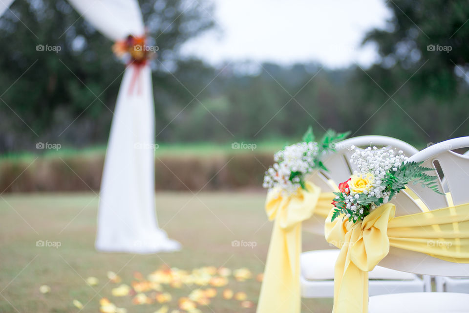 wedding ceremony chairsand arch yellow decor