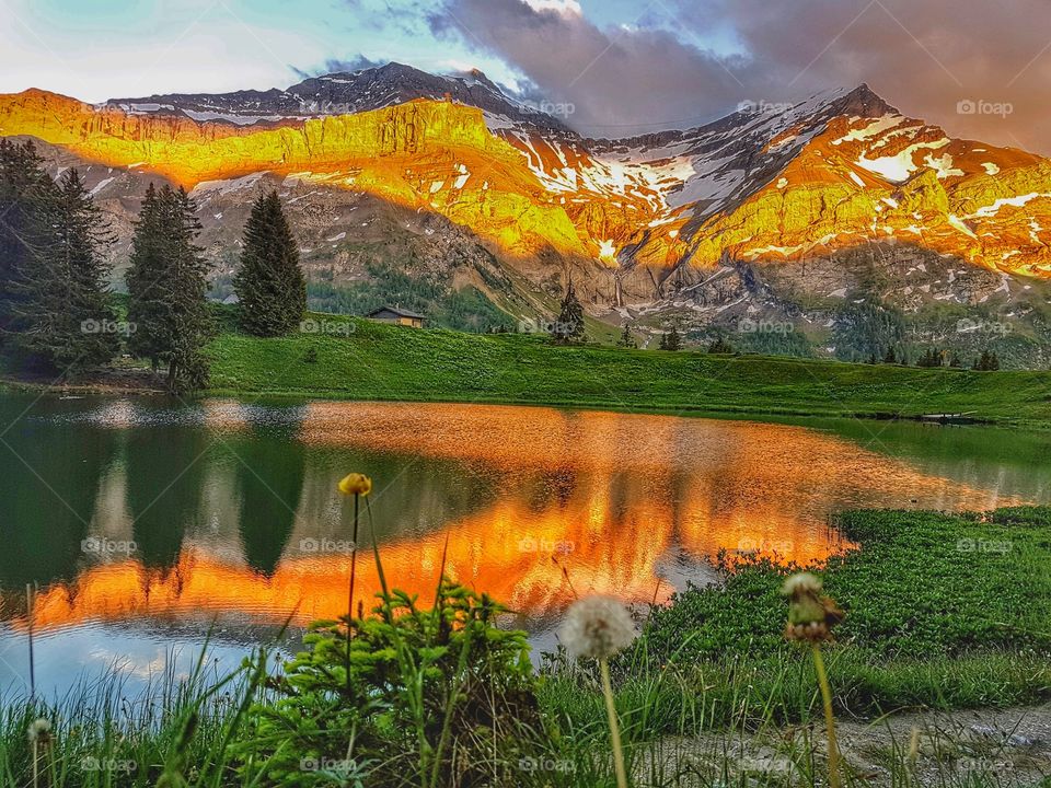 Sunset on the mountain lake