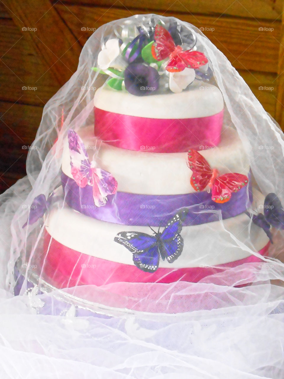 Three Tier Cake Decorated with Butterflies