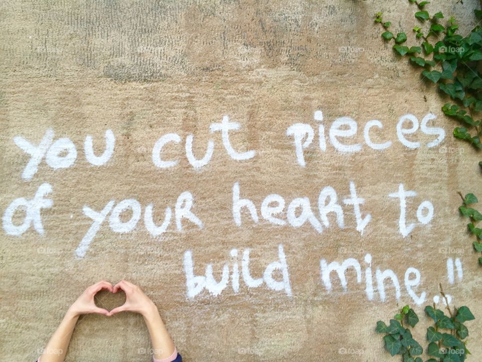 Love qoute written on poison ivy wall -You cut pieces of your heart to build mine