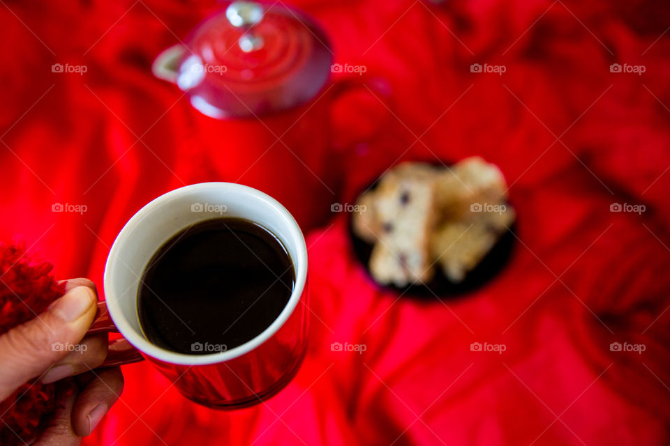 I love coffee image of plunger filter coffee in red with biscuits