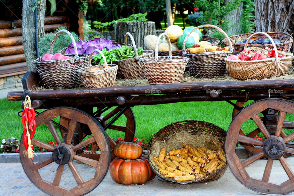 cart with various vegetables in baskets