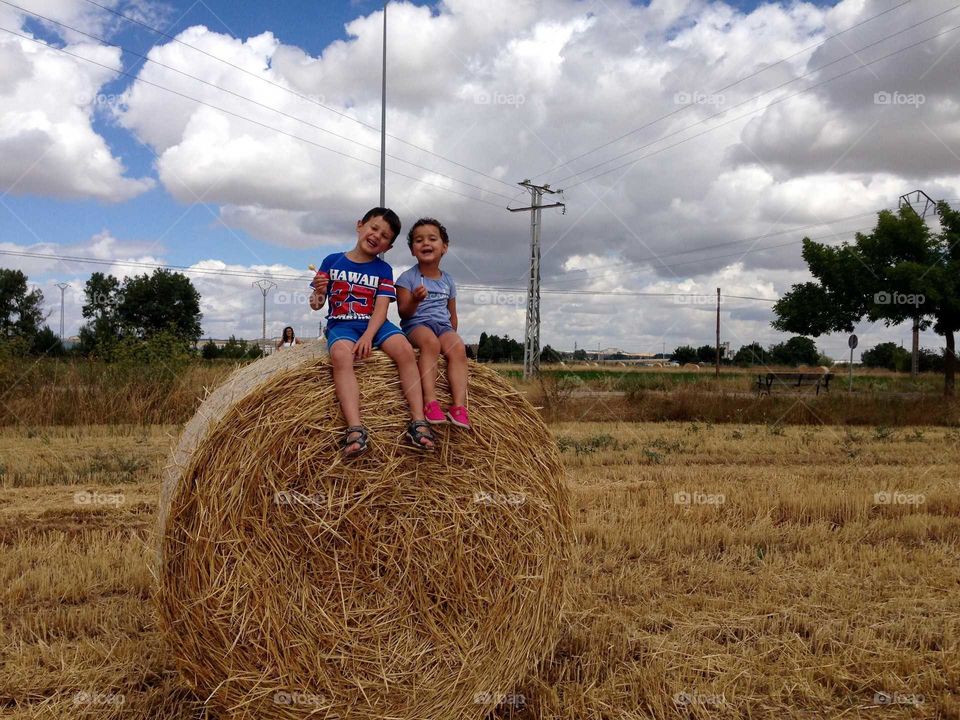 happy children on the hay