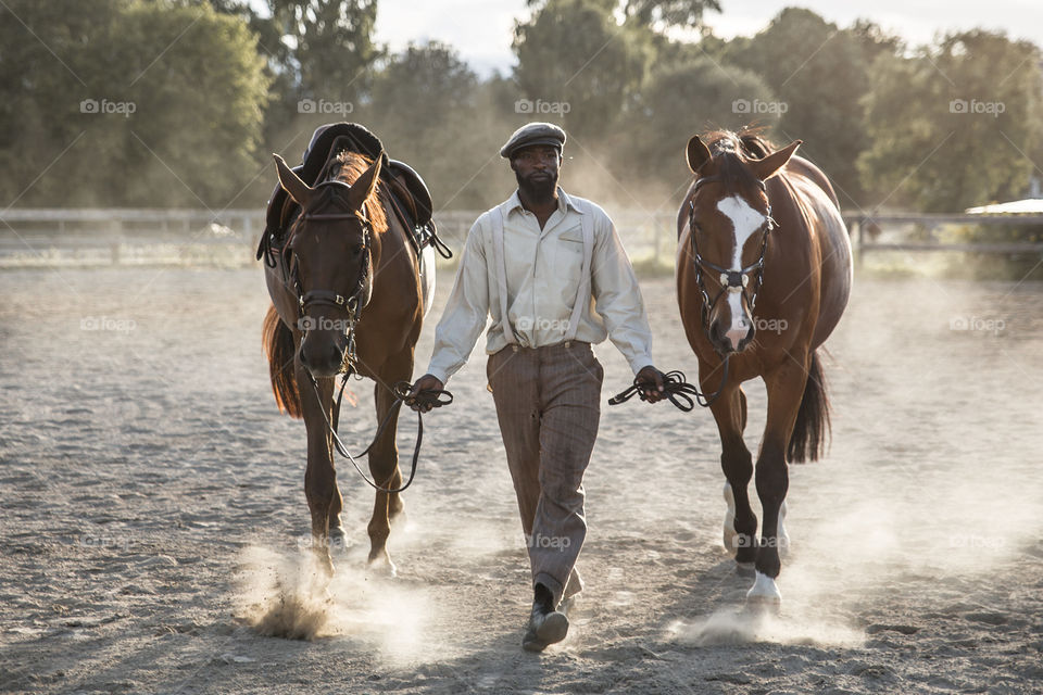 Old school handsome cowboy and hard working farmer walking his majestic horses through dusty ranch landscape.