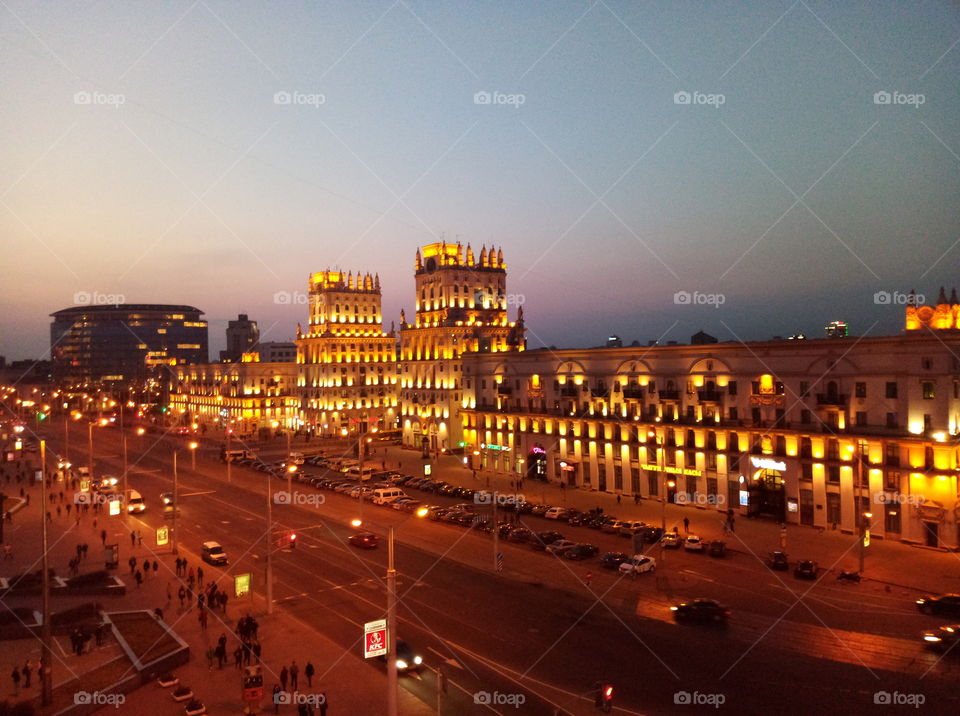 Minsk city on the bright evening lights