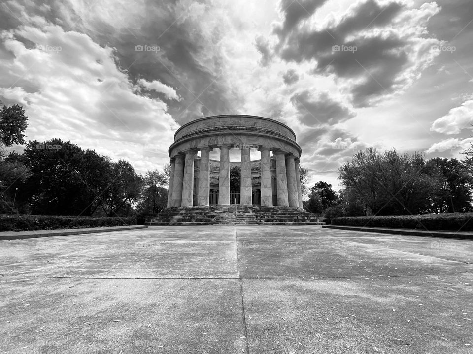 Black and white photo of the memorial and gravesite of the 29th president of the United States, US President Warren G Harding