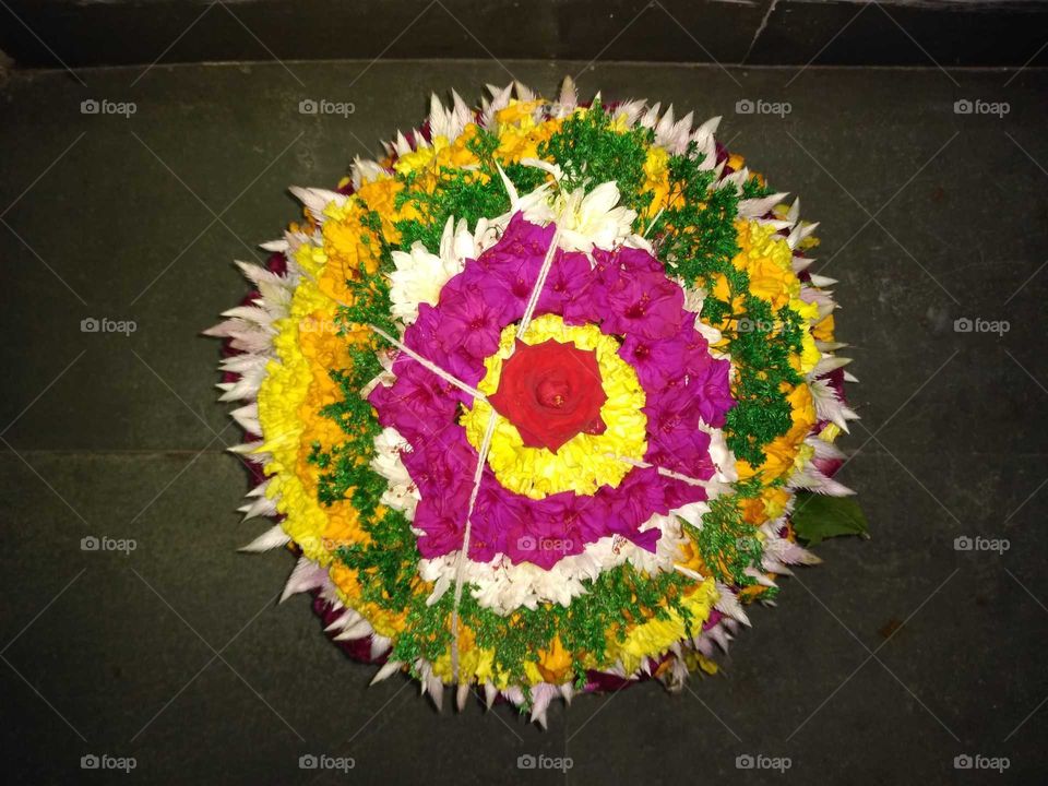 assorted flowers decoration for bathukamma festival in South India Telangana