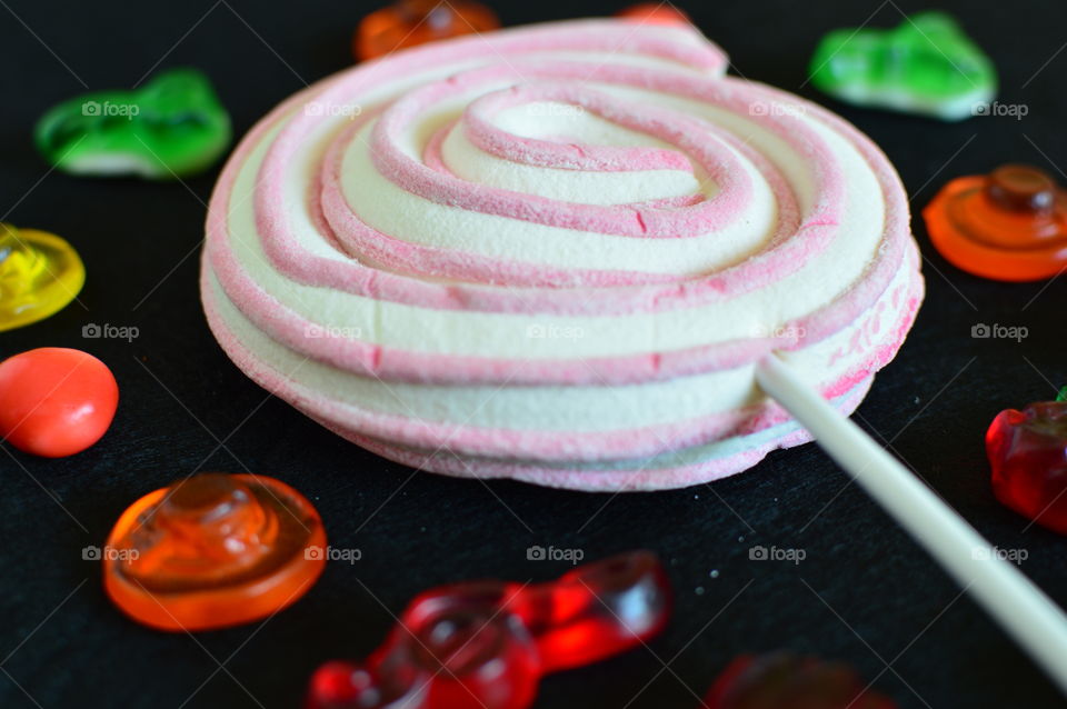 White and pink marshmallow swivel with candy 