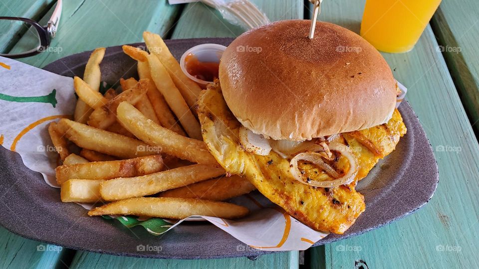Chicken burger and fries
