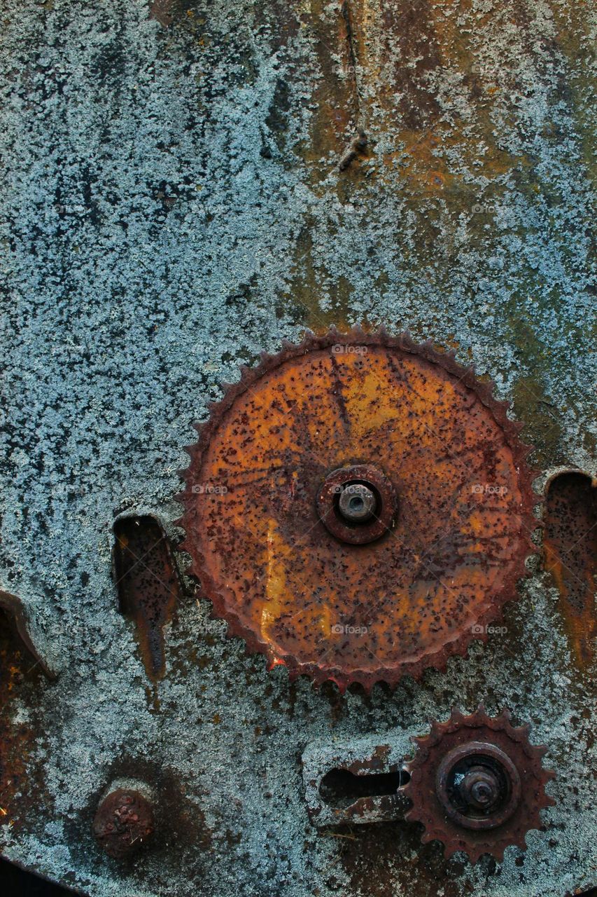 a large rusty round gear on the background of a wall covered with moss