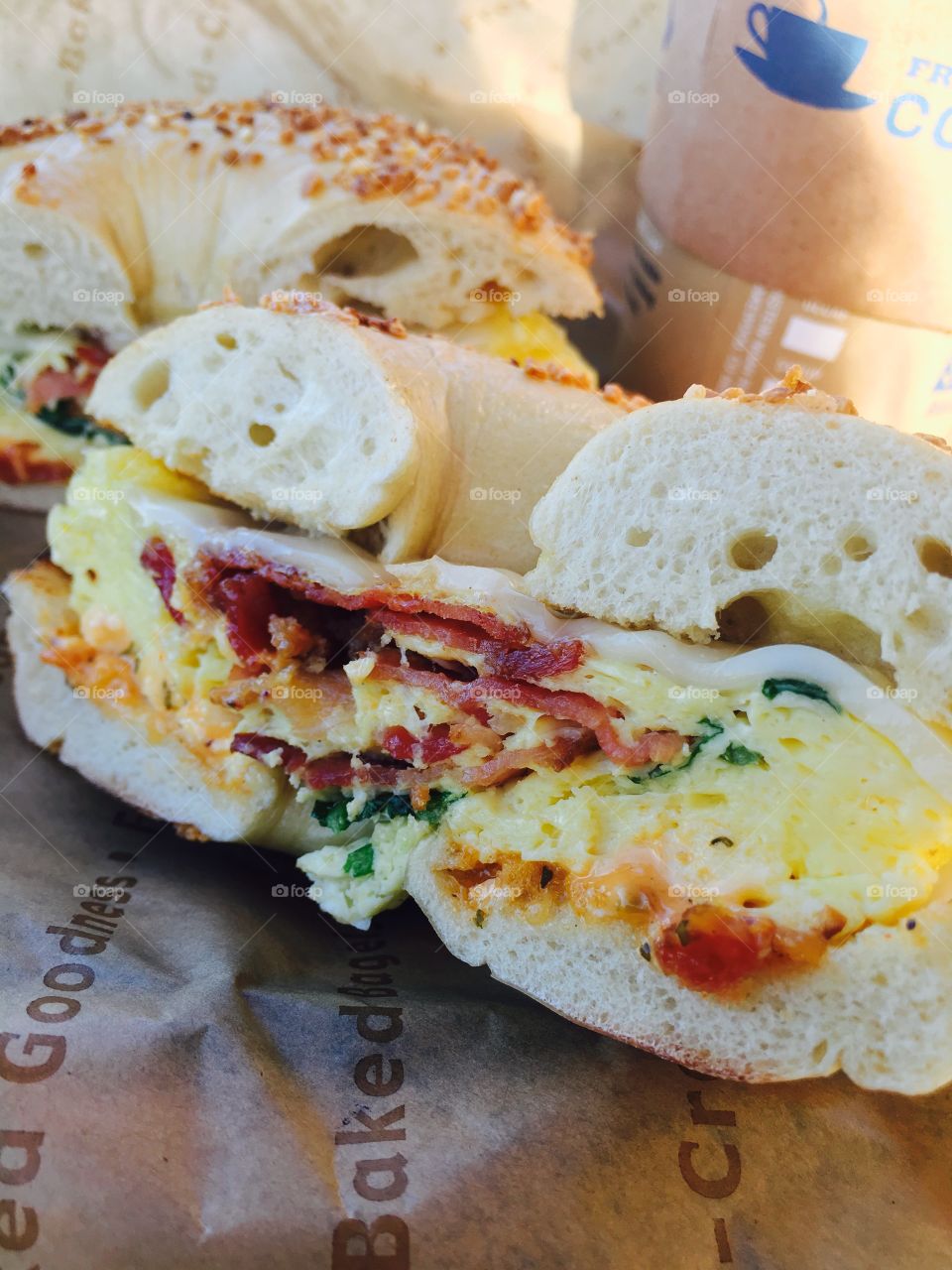 Bagel/egg/bacon/spinach 