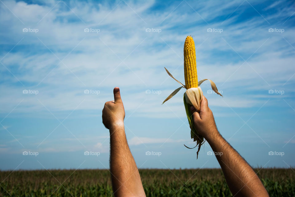 man holding corn in field with thumb up