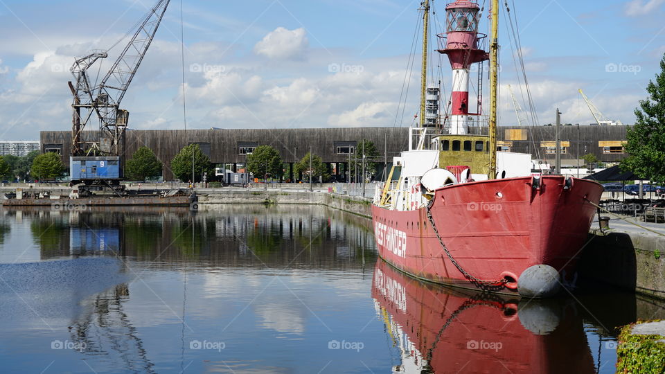 Ship in old port in Antwerp, Belgium.