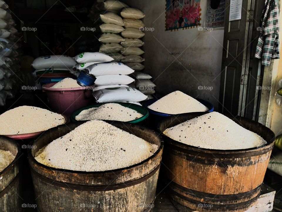 Rice for sale. Rice and grain shop in Myanmar