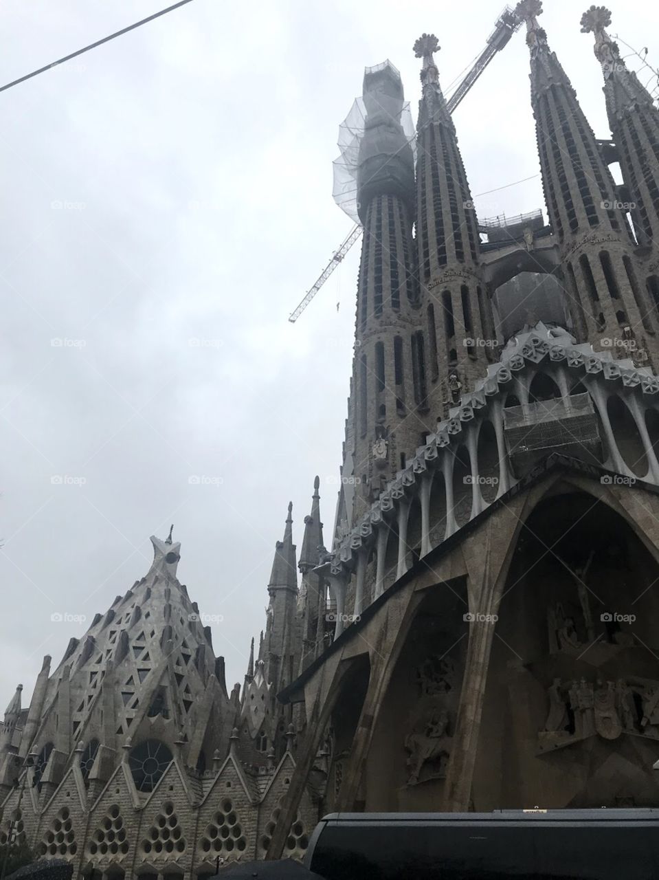 Gothic church building with gray sky in Barcelona Spain 