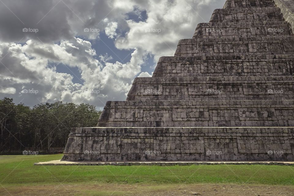 View of the serrated profile of the steps of the Pyramid of the Chichen Itza archaeological complex