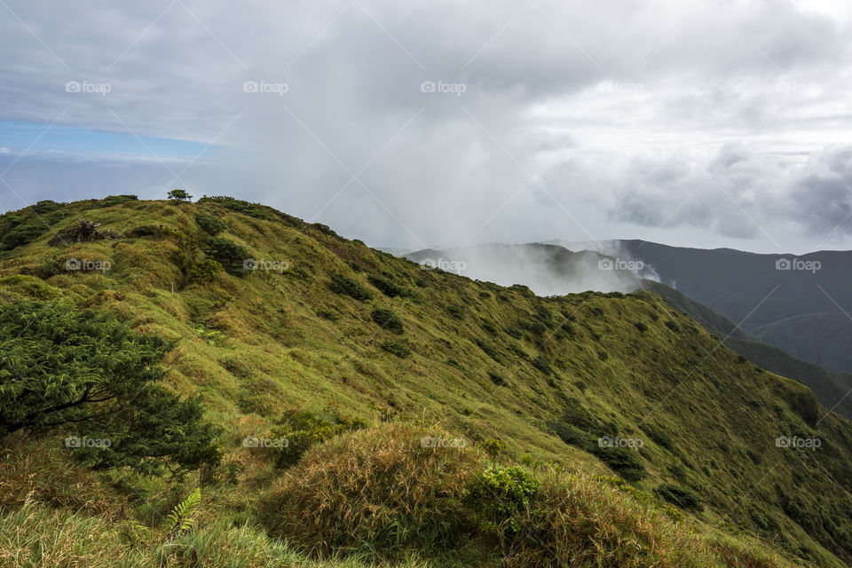 Hiking on Pico da Vara the highest mountain of Sao Miguel island, Azores, Portugal. A cloudy day.