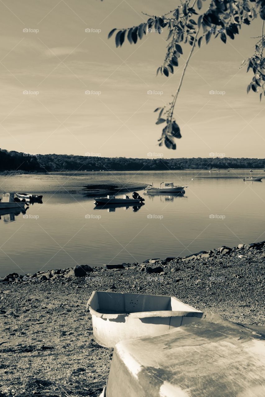 Boats On A Lake, Cold Harbor Springs Park, Cold Harbor Springs New York, Monochromatic Landscape Photography 