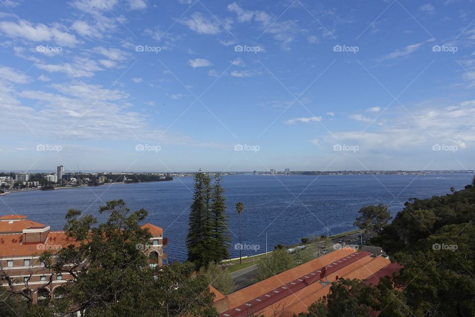 The view of the Swan River from Kings Park, Perth, Western Australia. Old brewery, trees and cityscapes can be seen from the park.