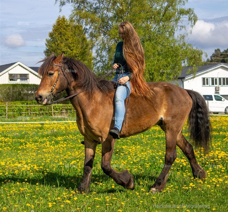 Woman ,with a beautiful Long hair,use her horse and its very beautiful and happy these days