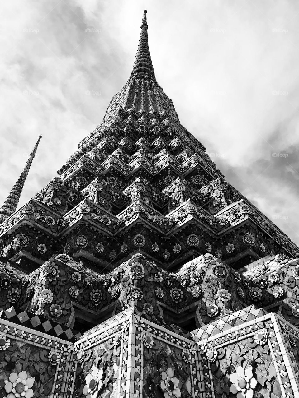 Bangkok architecture in black and white, Thai temples stepped pyramidal structure, Asian architecture 