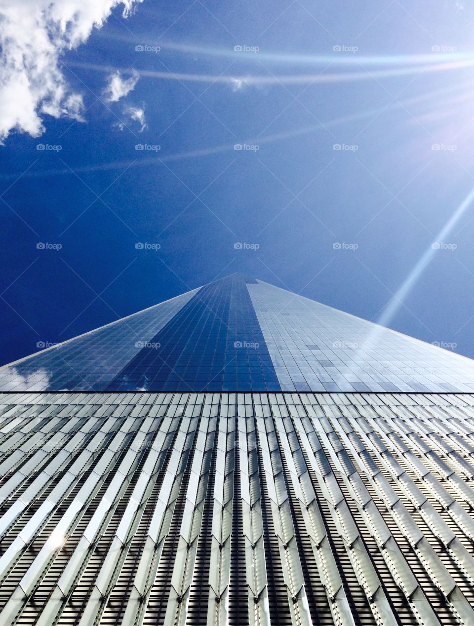 Up at One World Trade Center. A photo looking up from the bottom of the One World Trade Center.