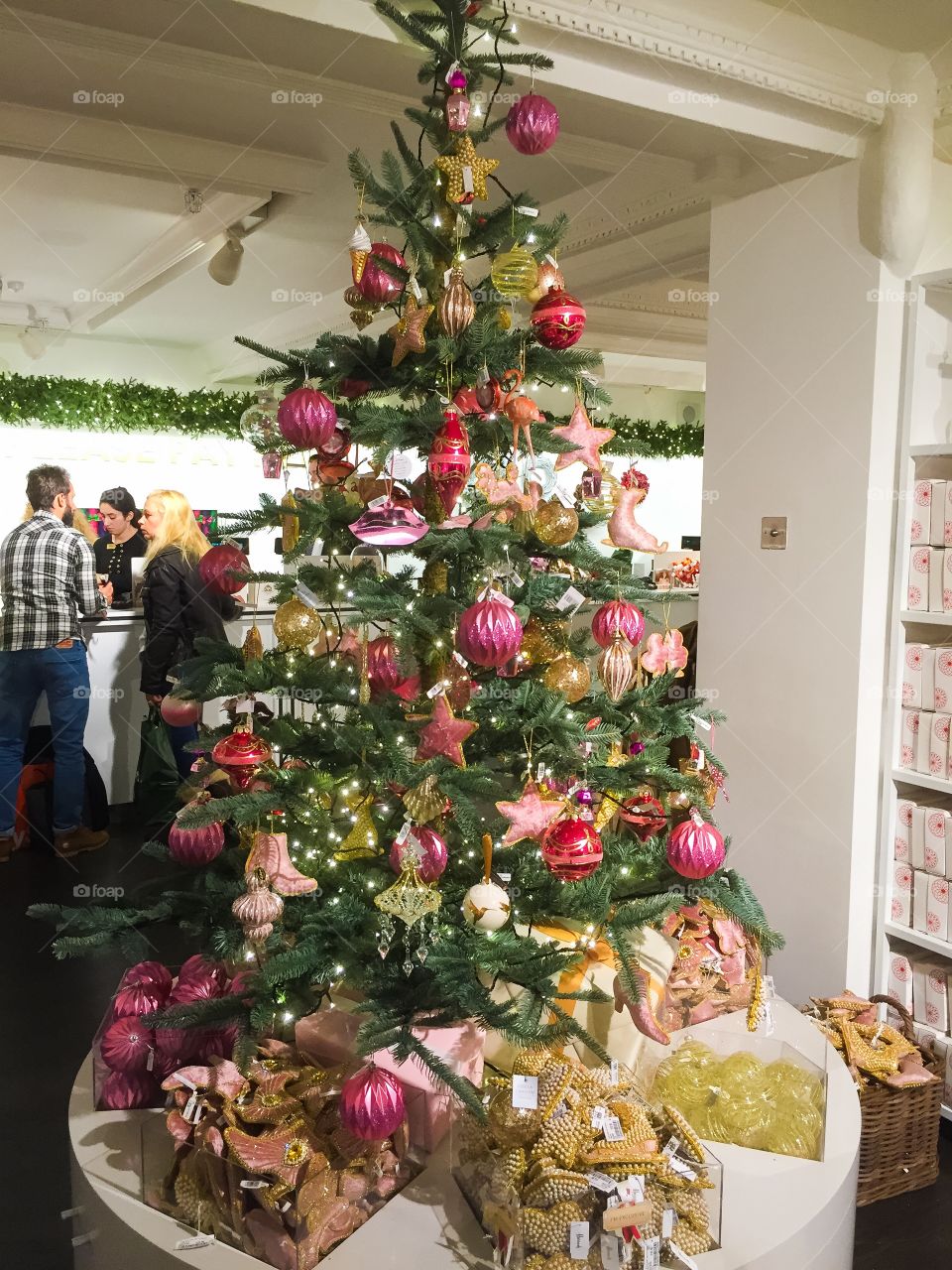 Christmas decoarations and christmas tree on display at Harrods in London.