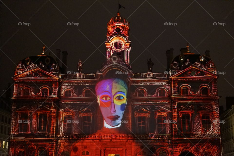Hôtel de Ville de Lyon, place des Terreaux, lors de la fête des Lumières de décembre 2014