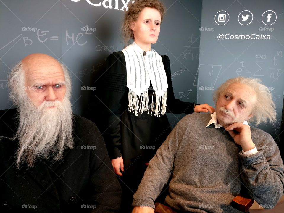 Albert Einstein, Marie Curie and Leonardo Da Vinci wax statues of Genius at Cosmo Caixa Forum Museum of Science and Technology, Barcelona, Spain