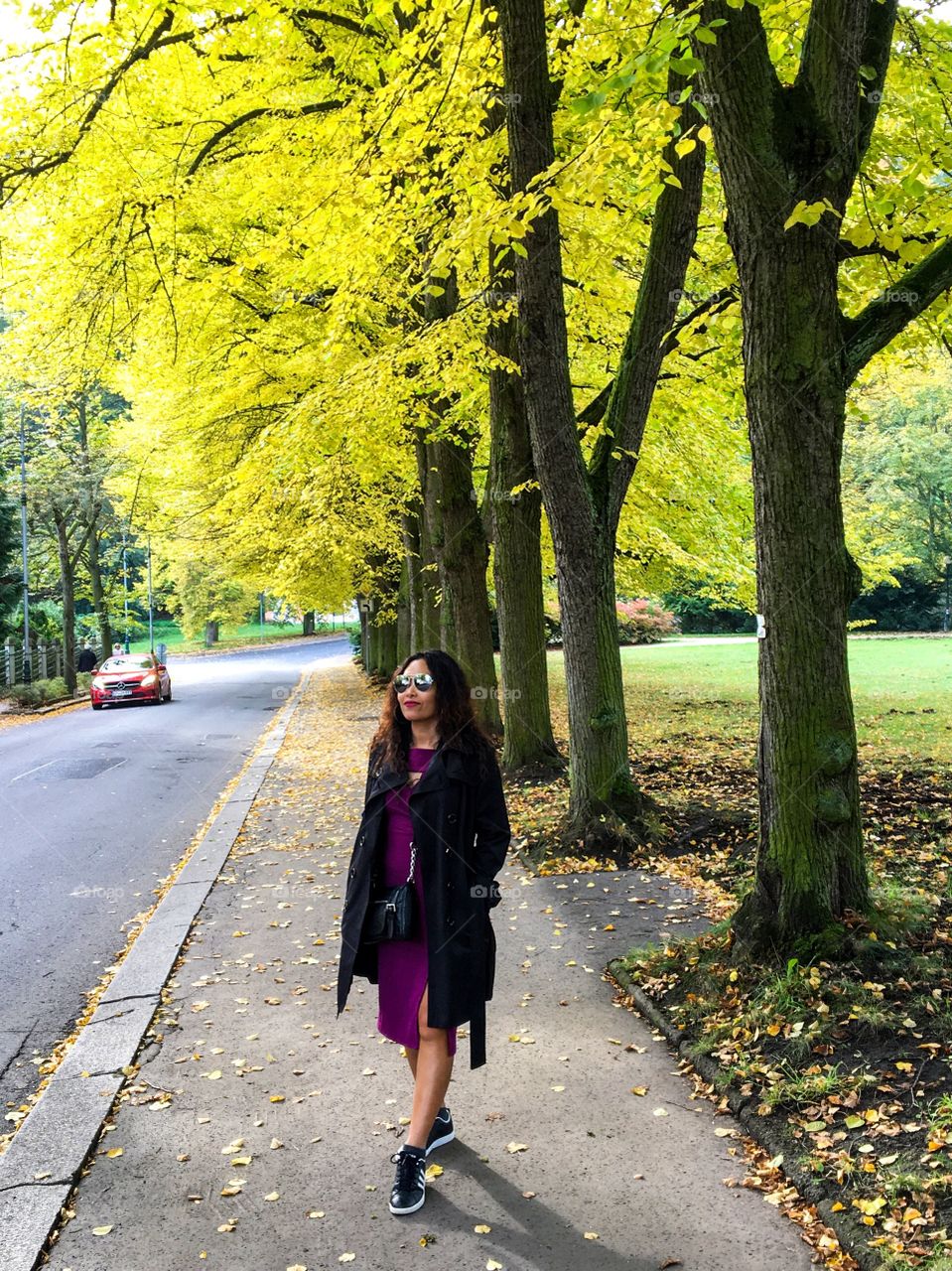 I was walking on a road lined with beautiful trees . sometimes a car will pass by . in front of me is a very beautiful church