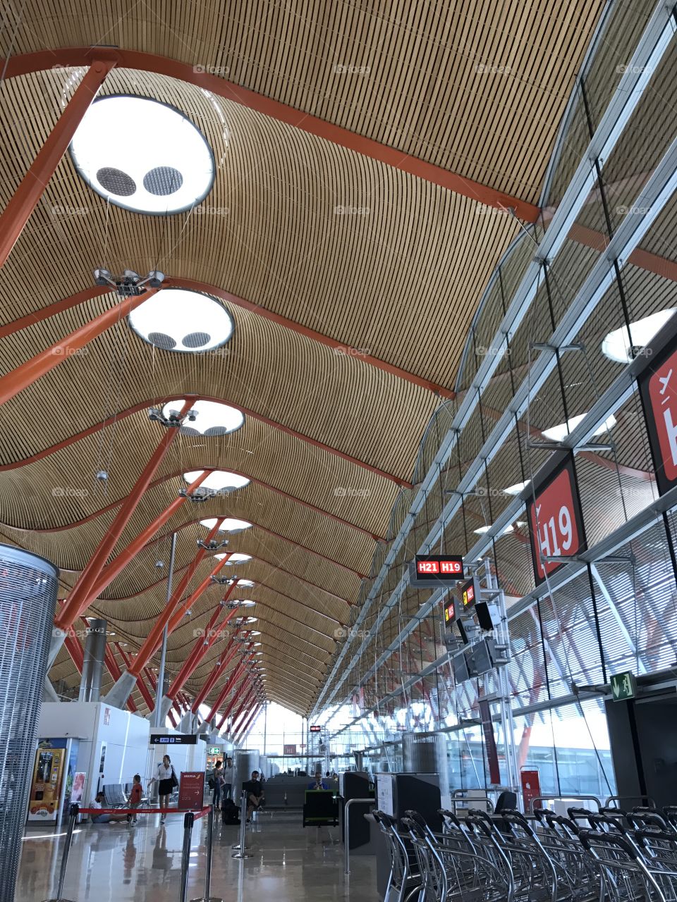 Ceiling lamps and windows at Madrid airport 