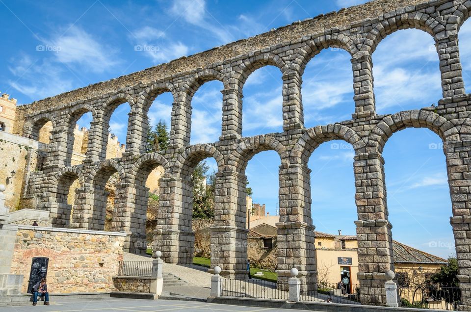 The roman aqueduct of Segovia, Spain is placed in the center of the city 