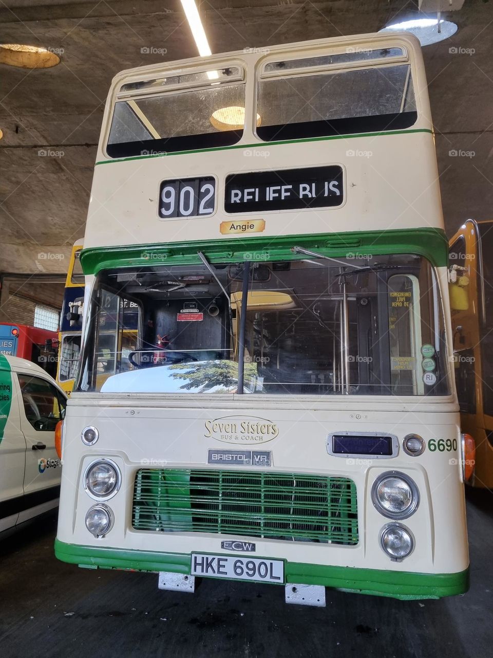 vintage british bus from United Kingdom in bus garage