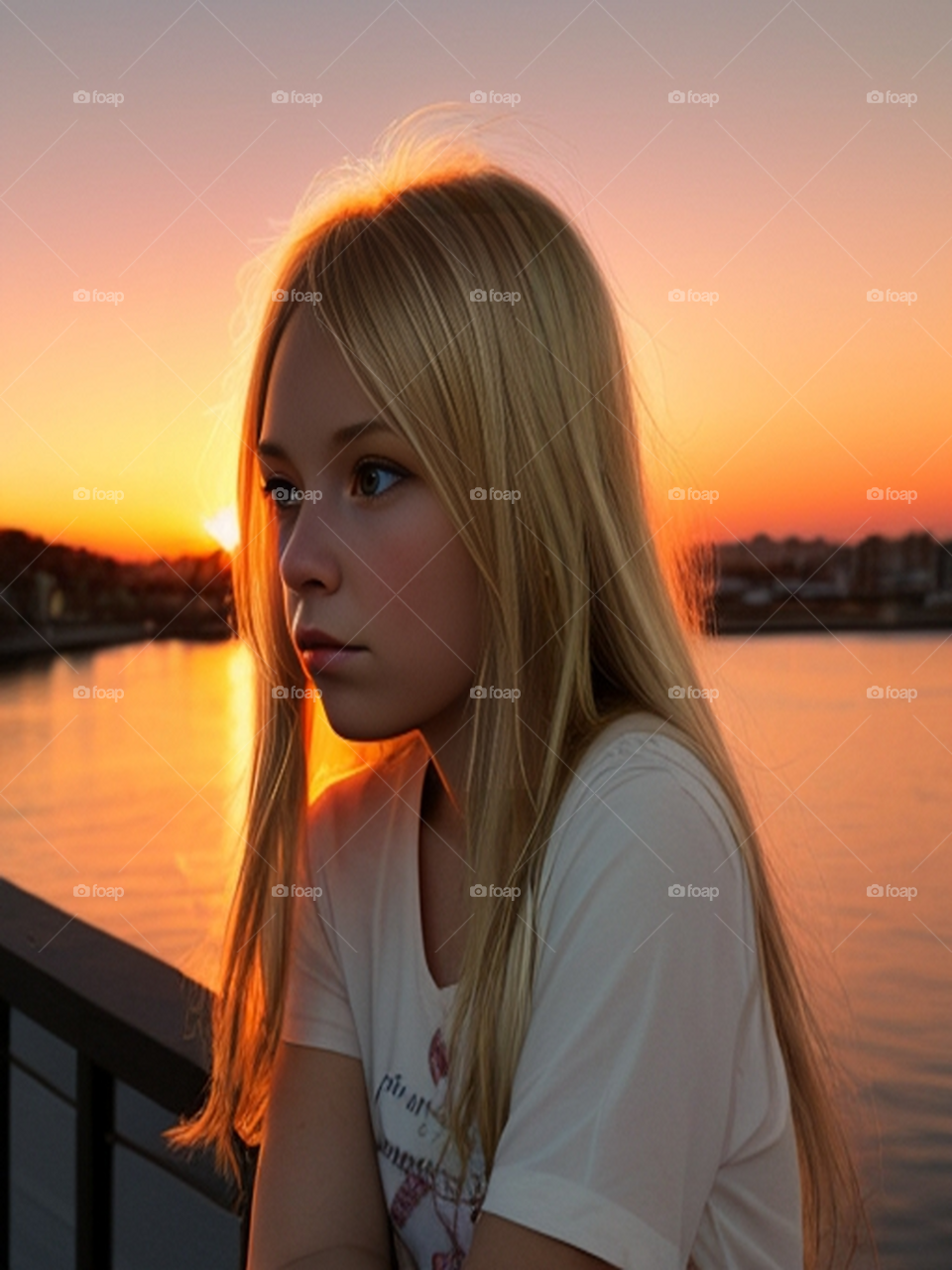 Beautiful blonde girl sits alone at sunset