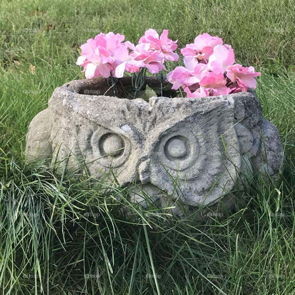 A very old cement owl planter next to a gravestone in a cemetery 