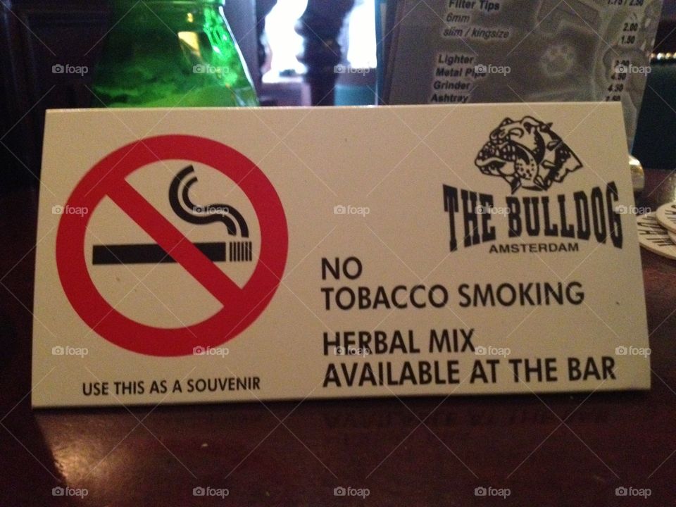 No Tobacco. "No Tobacco Smoking" sign on the table at The Bulldog in Amsterdam