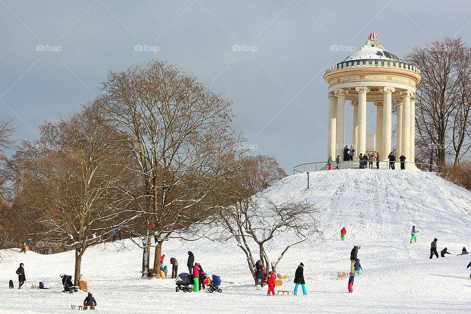 Winter activities of people in Englischer Garten of Munich