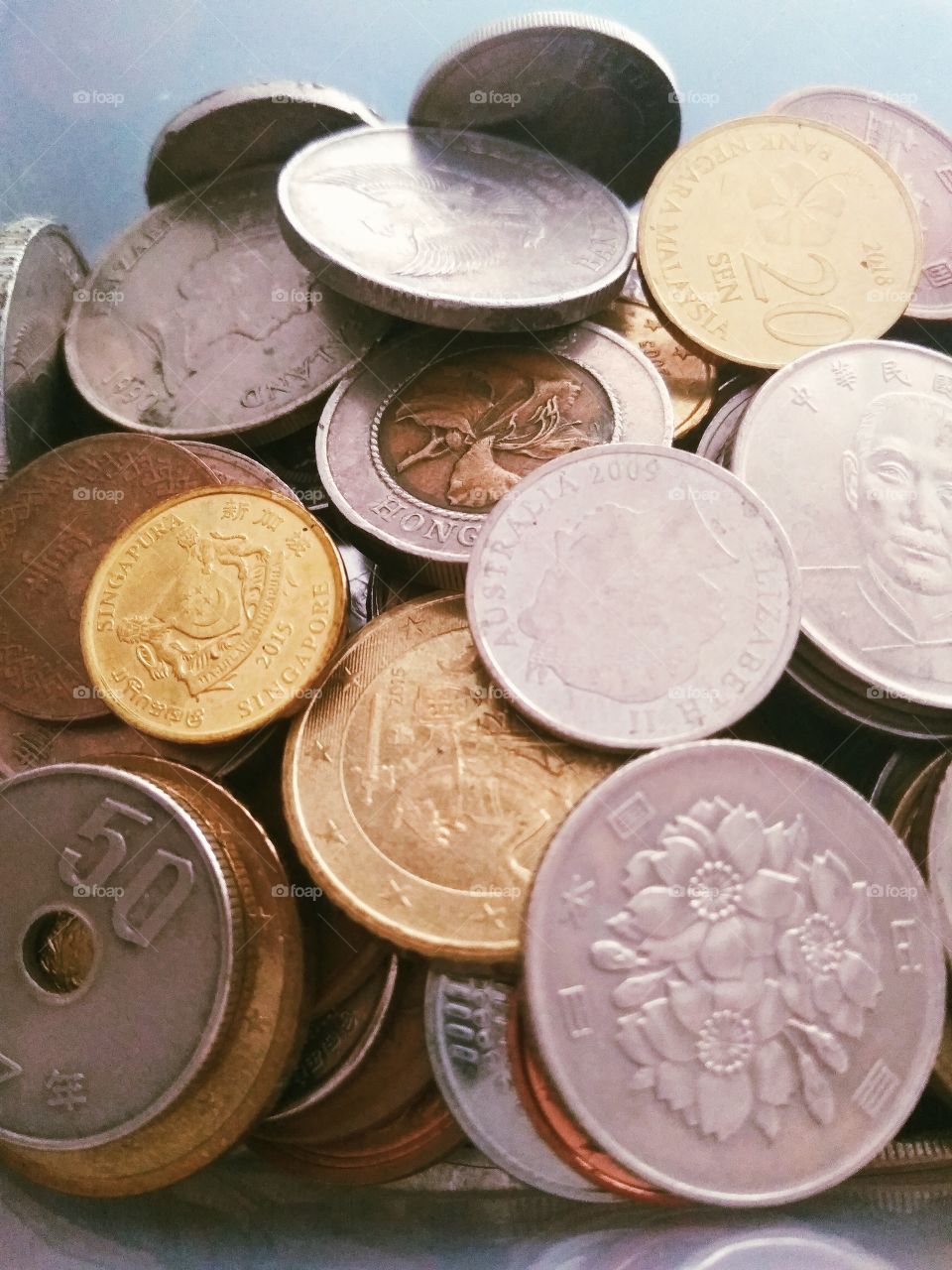 coin money from different country and different colors