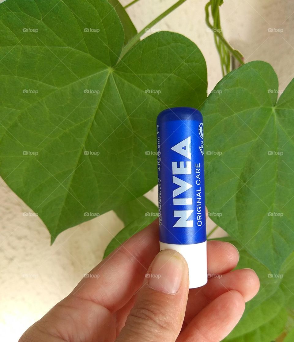 Nivea lipstick in the female hand summer time green leaves background, love products