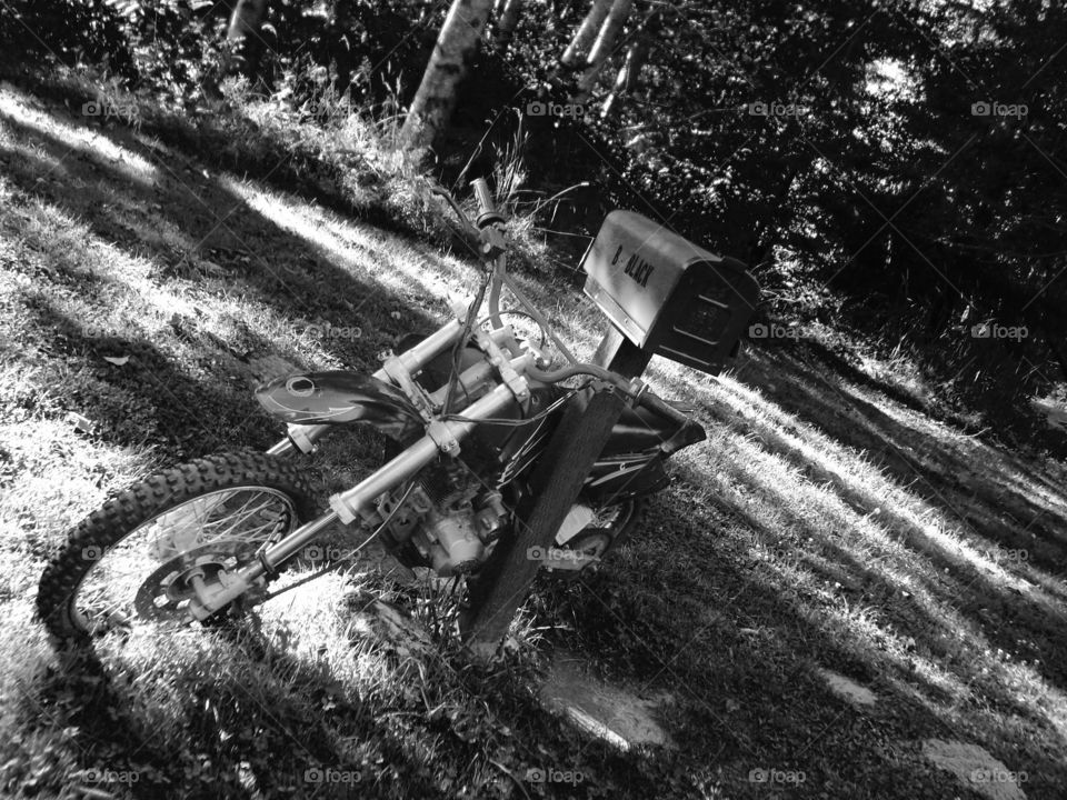 Jacob Black and White Bike. Photo I took in Forks, Washington, out in front of the house we were staying at where a motorcycle was placed against the mail box. 