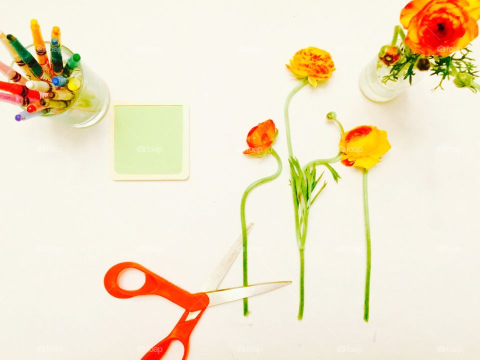 Desk From Above. An overview of my work space that always has to include fresh cut seasonal blooms.