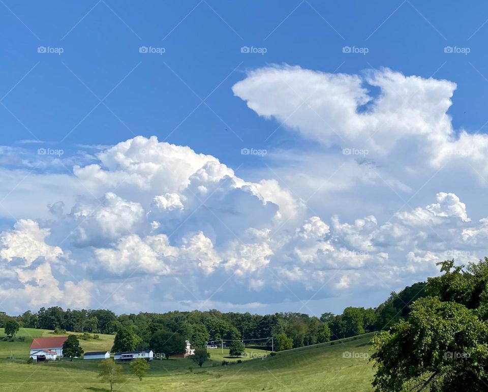 Landscape with blue sky and fluffy clouds 