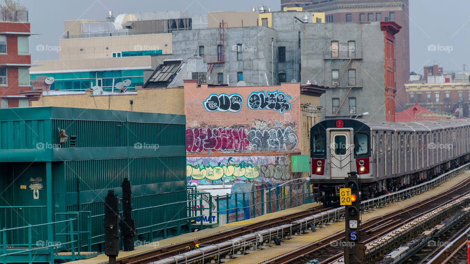 Graffiti, Train and buildings Bronx Nyc