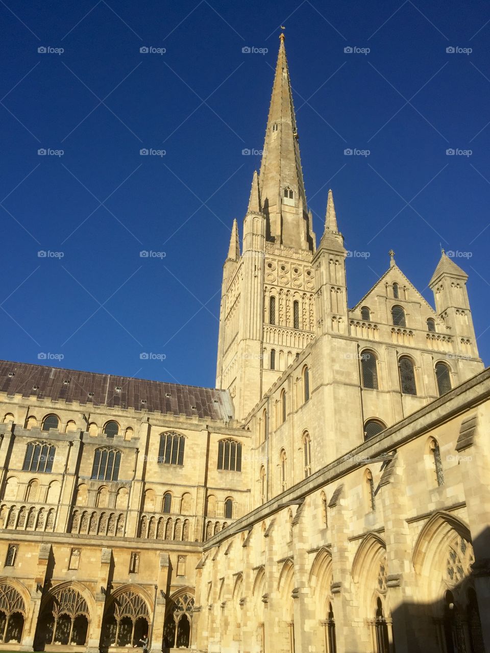 Norwich cathedral in England, with blue sky