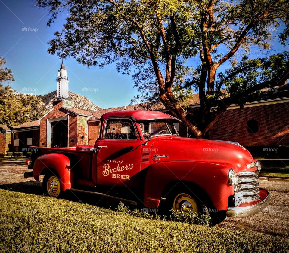 Vintage Beer truck in front of Mormon Church