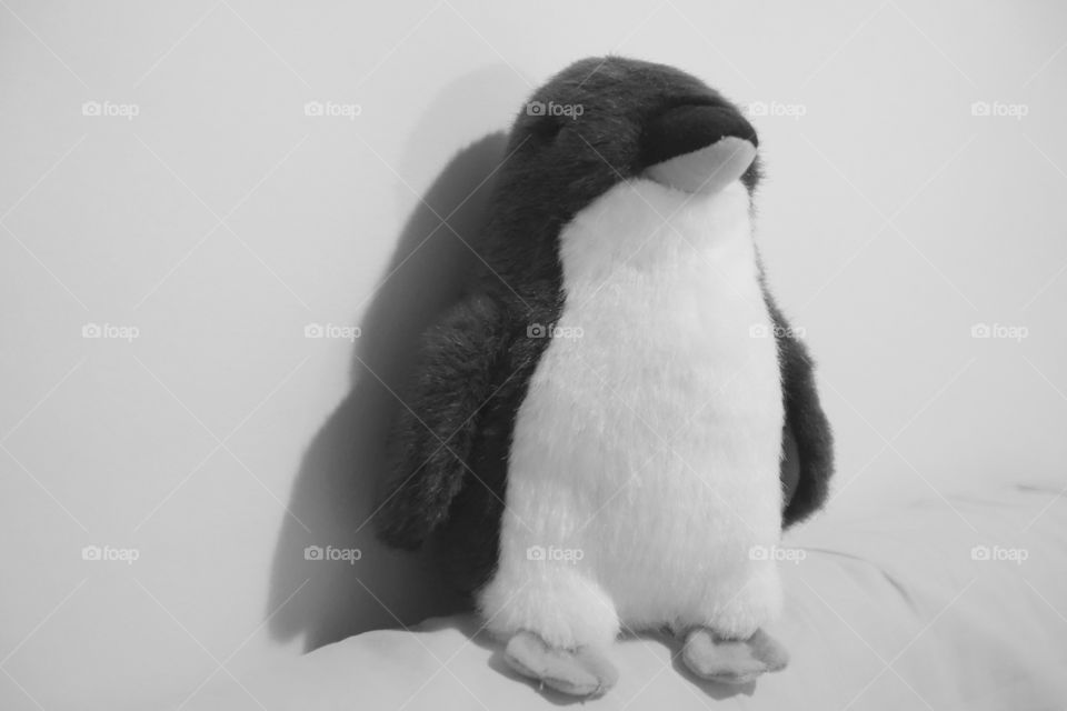 Penguin’s soft toy. Monochrome image.