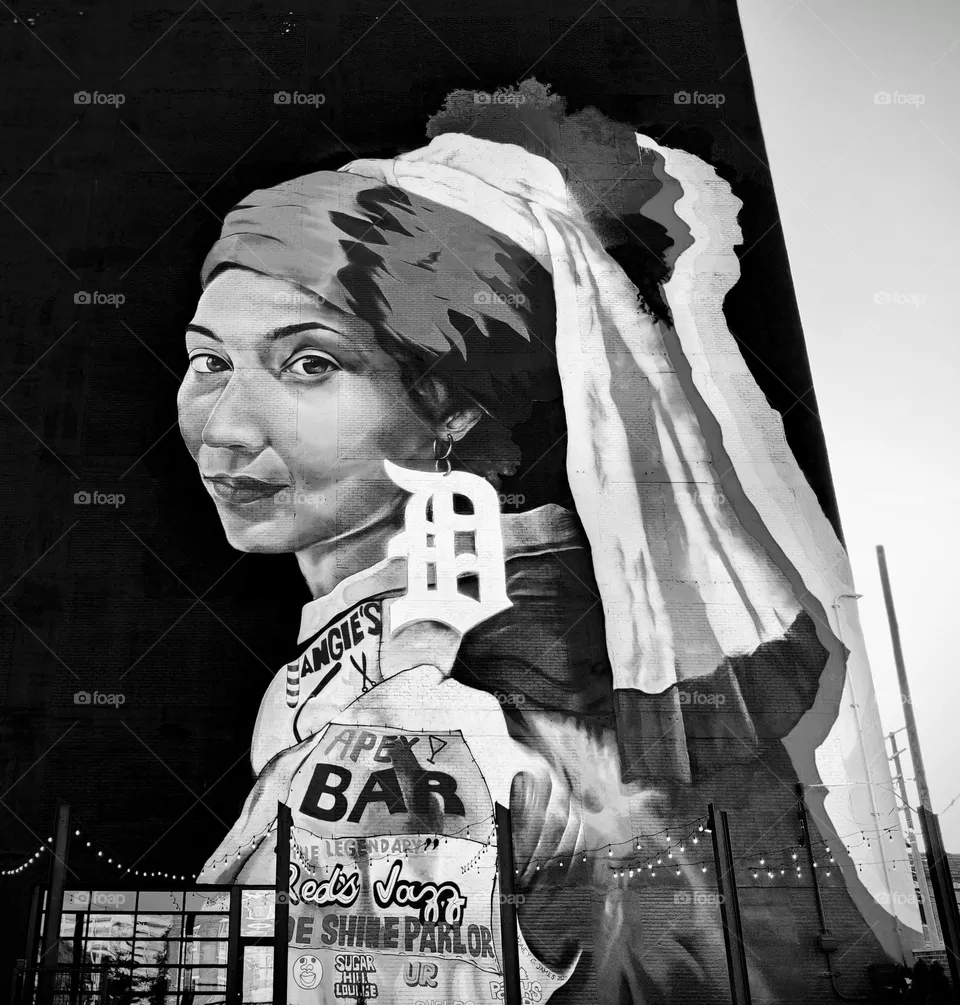 Detroit street art by Sydney G. James, in black and white
