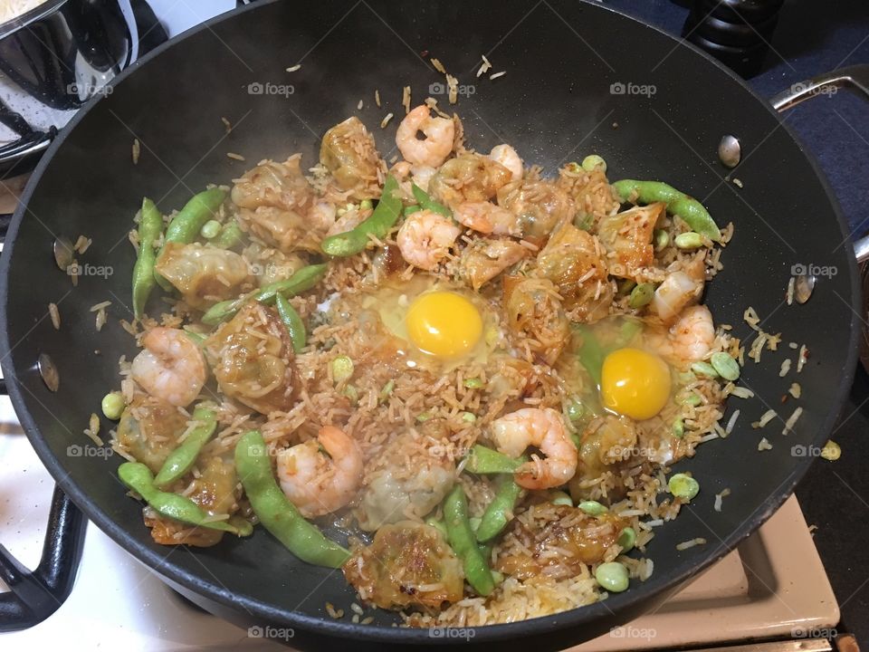 Shrimp fried rice with edamame and 2 eggs to make it all extra tasty. 