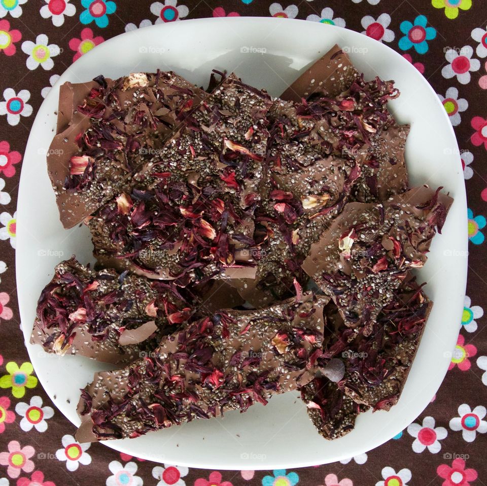 More Chocolate - flat lay of Hibiscus Chia Chocolate Bark 