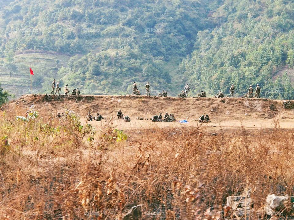 Army hard training and practice on hilly region